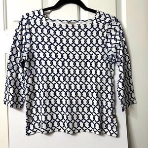 Chicos top, 0, navy/white geometrics, 3/4 length sleeves 100% cotton NWOT